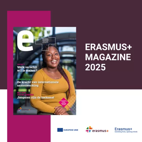 Cover van het Erasmus+ Magazine 2025 met de logo's van het programma Erasmus+